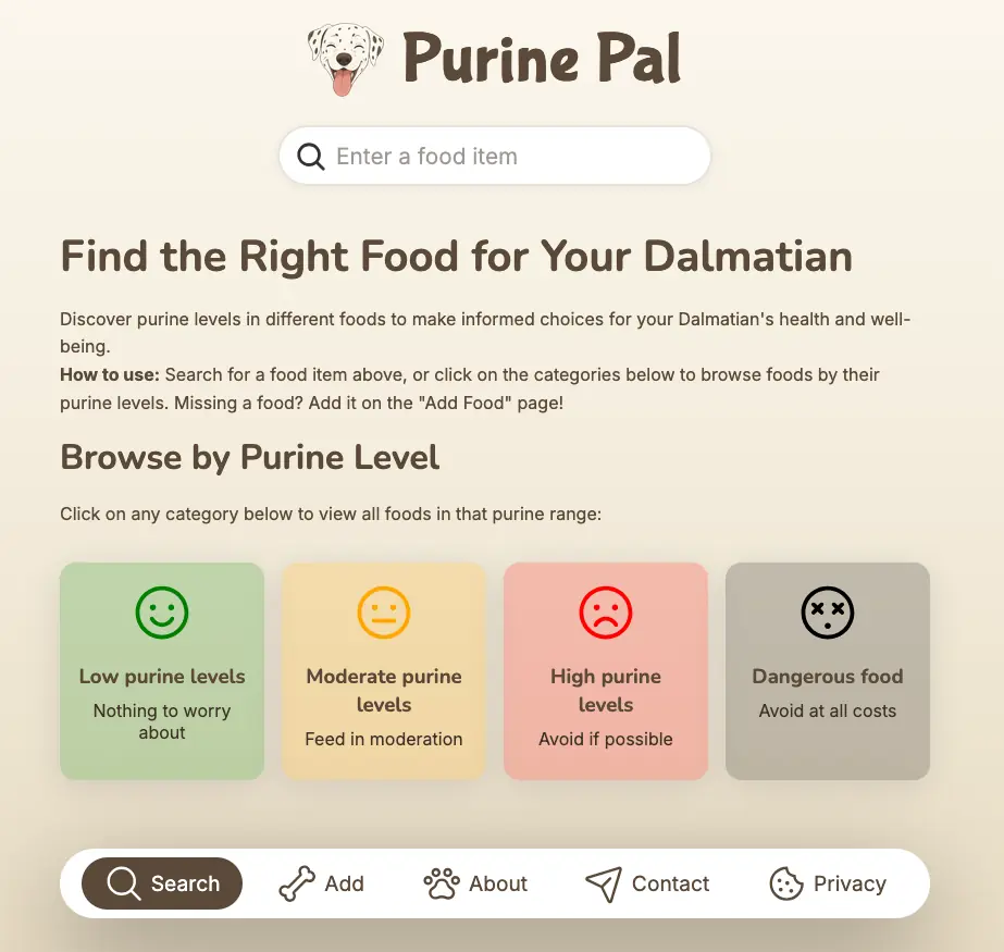 Forsíða vefforritsins Purine Pal
